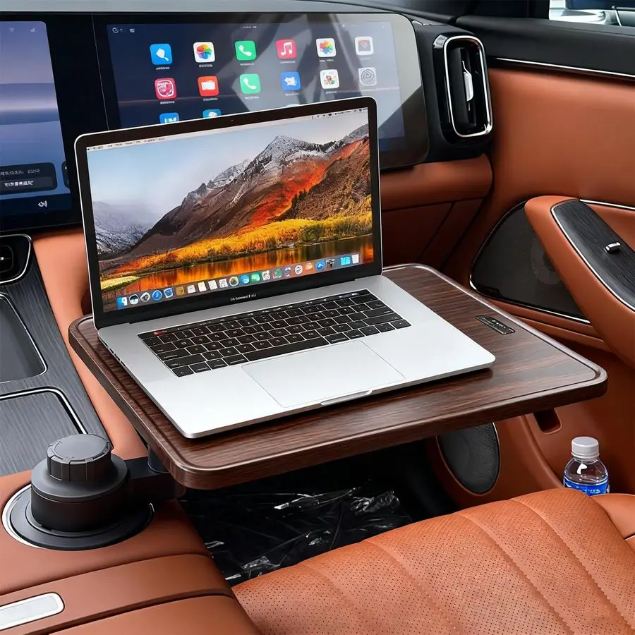 

Car Desk for Laptop, 360 Rotating Wood Cup Holder Table Tray for Drivers and Passengers, Car Accessories Compatible with Tesla M