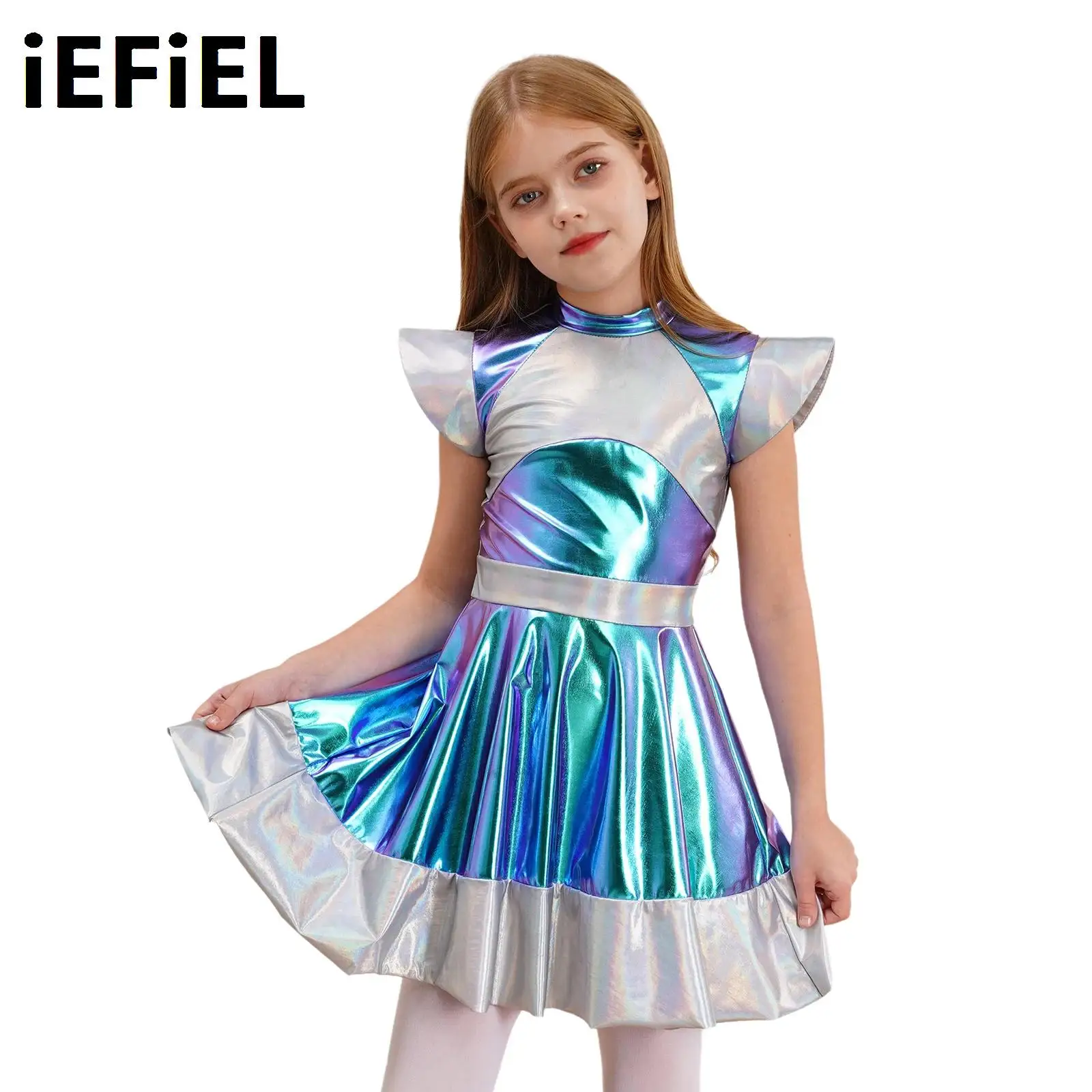 

Kids Girls Alien Role Play Dress Outer Space Cutie Costume Cap Sleeve Glossy Metallic Color Block Dress for Halloween Cosplay