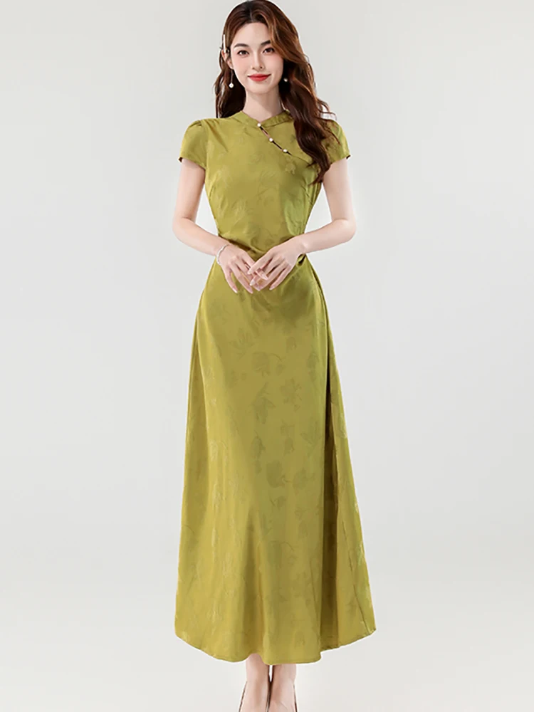 サマーグリーンジャカードサテンスタンドカラーロングドレス レディース 韓国風ラグジュアリーボディコンラッフルプロムドレス 2025 ヴィンテージエレガントドレス