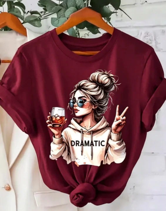 DRAMATIC 1pc Women' S Fashion Print Round Neck Short Sleeve T Shirt Casual and Comfortable for Daily Wear Trendy Print Combine