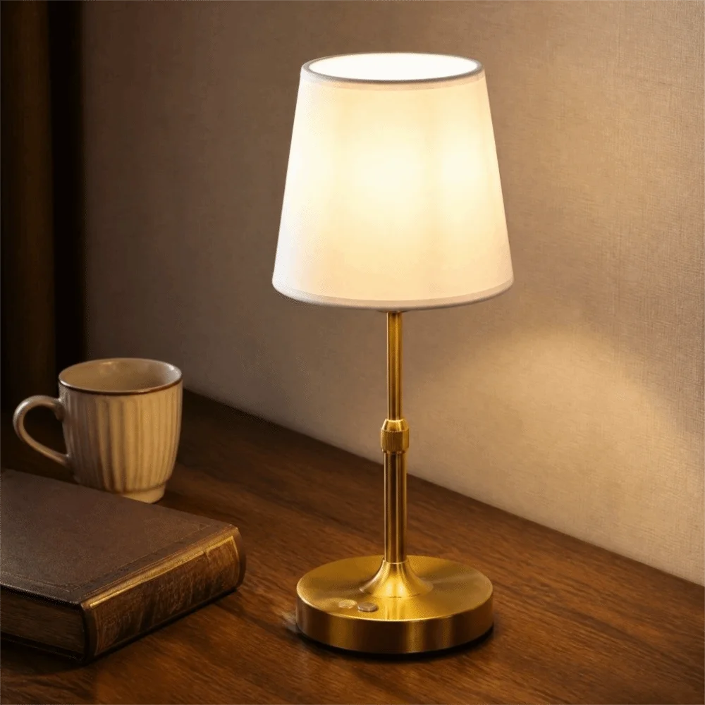 Fabric Touch Table Lamp Metal 2700K Color Temp Rechargeable Table Lamp 3 Color Temperatures 3-Level Dimmable Cordless Table Lamp