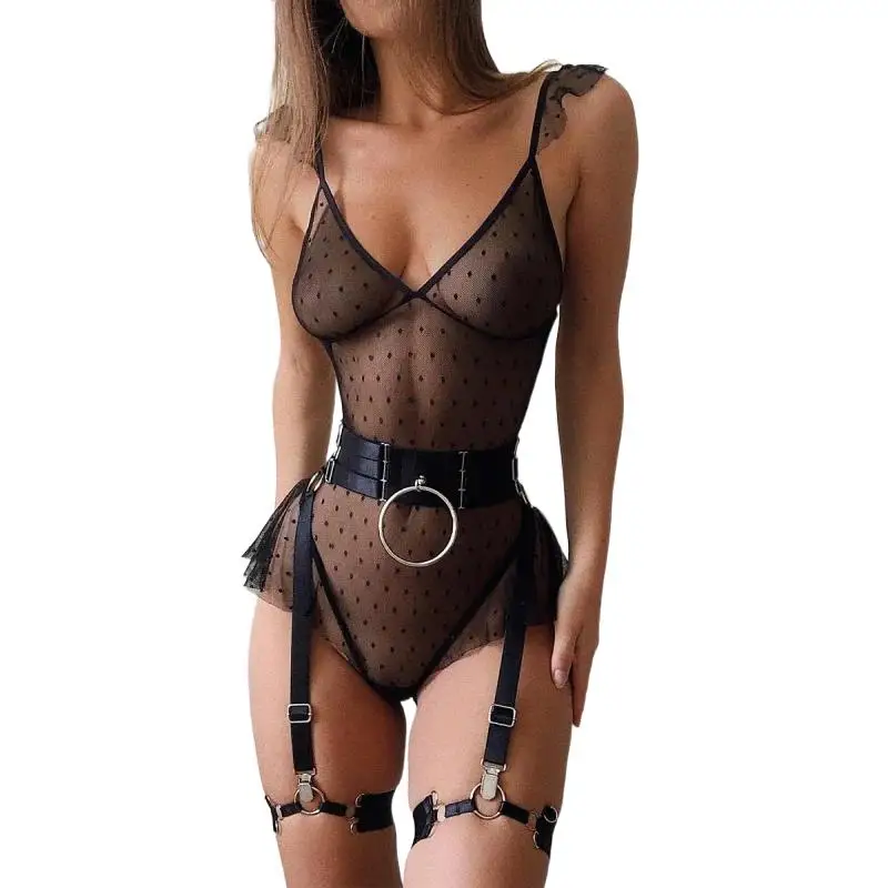Bikini Fashion Sexy 5-Piece Set Winter Mesh Stitching Jumpsuit with Large Halter Waist Seal Leg Ring