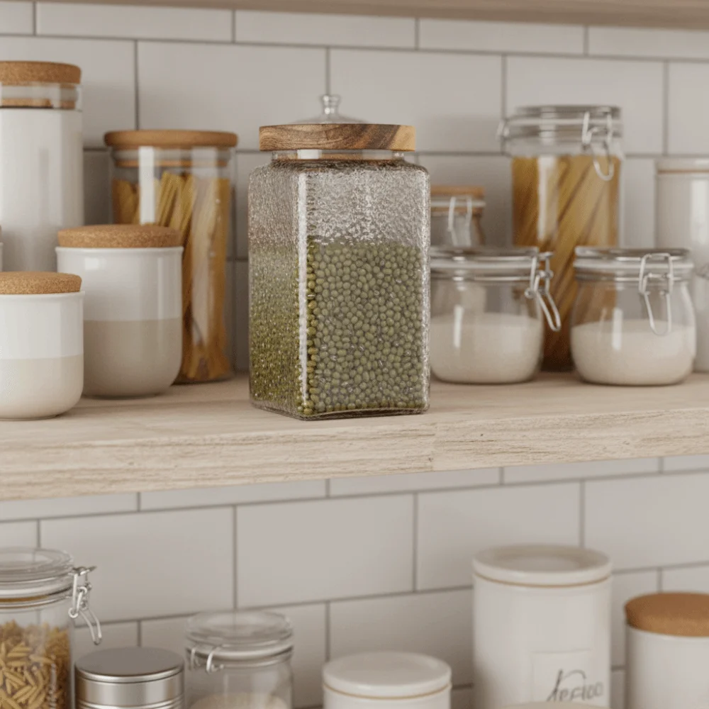 Vintage Embossed Glass Storage Jar Square Moisture-proof Kitchen Glass Bottle Sealed Transparent Mason Jar Coffee Bean