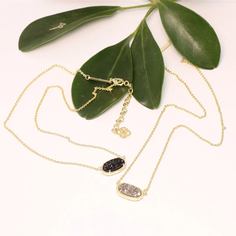 

VKVVA Trendy Unique Geometric Oval Black/Gray Crystal Drusy Cluster Pendant Clavicle Necklace Women Fashion Jewelry Gifts