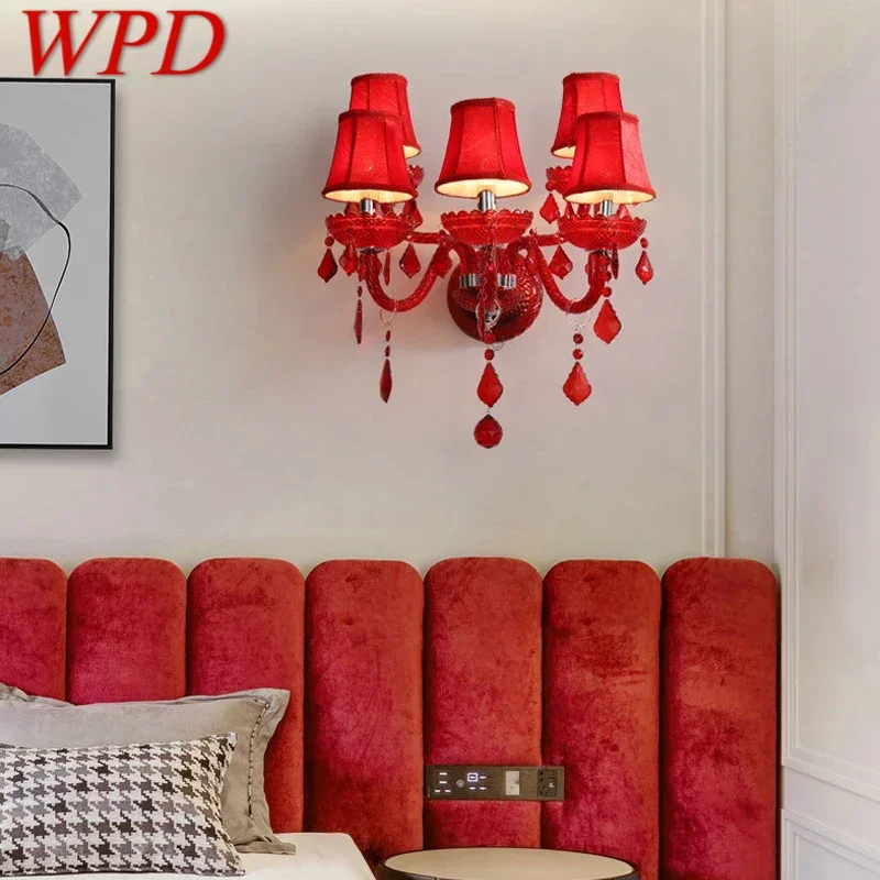 

WPD Red Wedding Crystal Wall Lamp European Style Candle Lamp Luxurious Living Room Restaurant Bedroom Villa Hotel