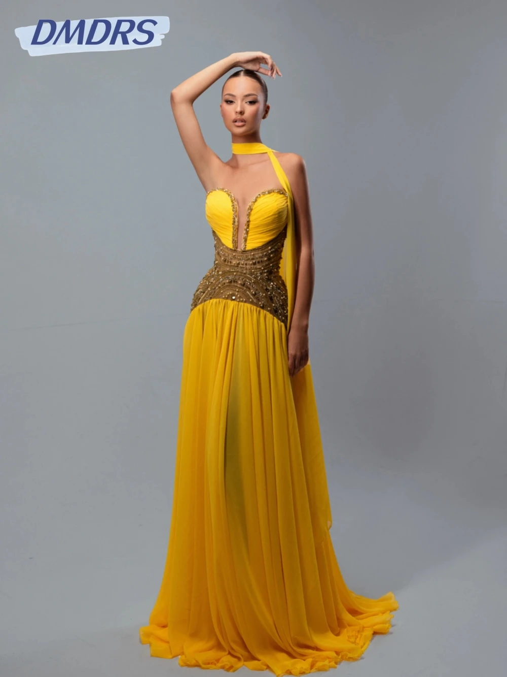 

Yellow Chiffon Beaded A-line Long Evening Dress Sexy Deep V-neck Sleeveless Wedding Party Gown Customized Graceful Prom Dresses