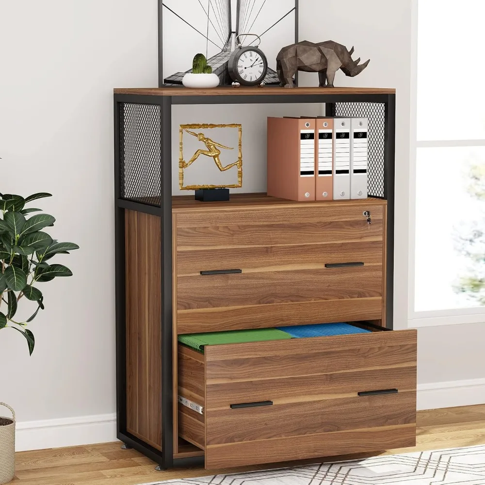 

2 Drawer Lateral File Cabinet with Lock, Letter/Legal / A4 Size, Large Rustic Filing Cabinet Printer Stand with Metal Wire Open