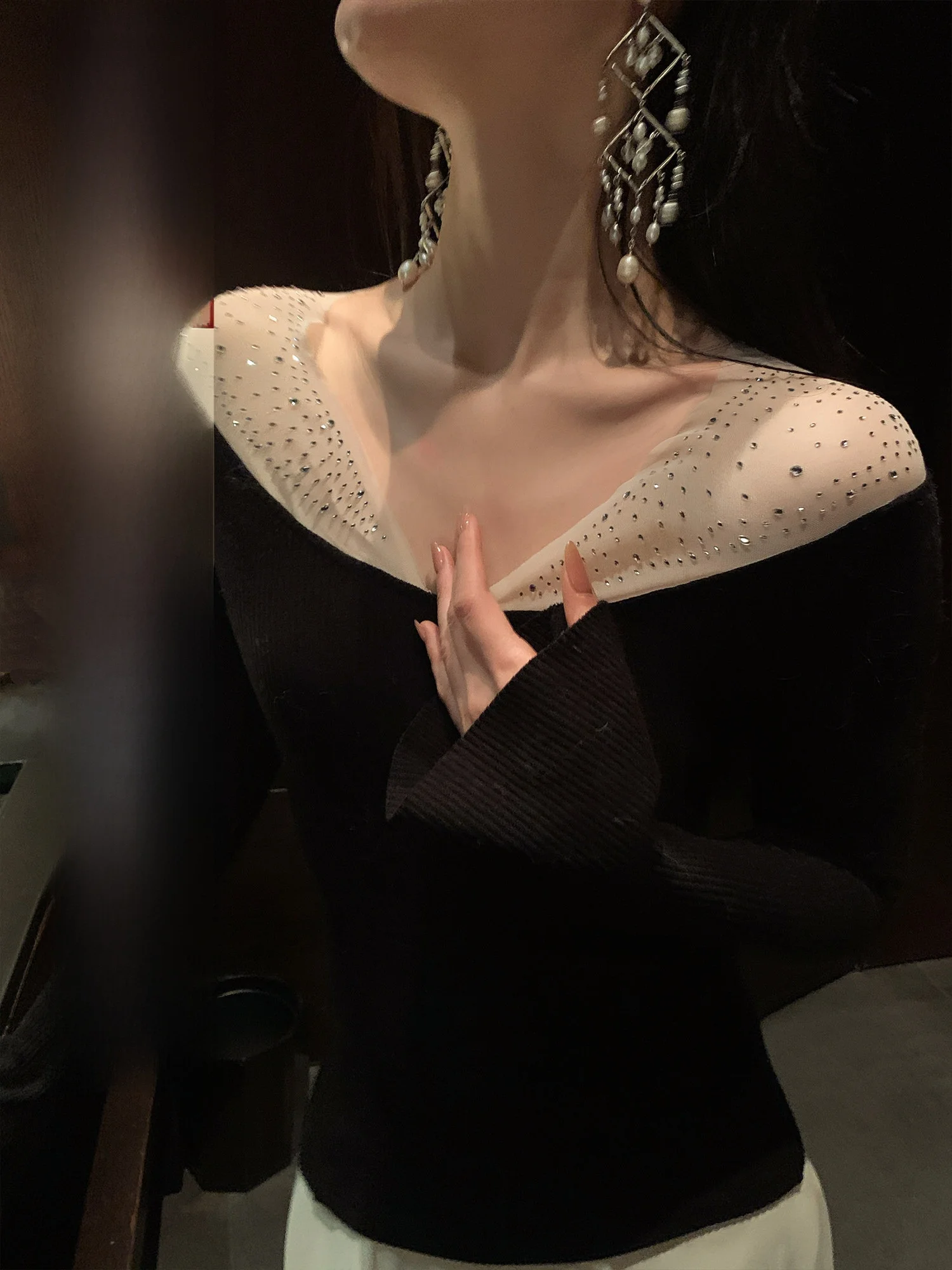 

Winter Knitted Sweater Women's Base Layer One-oulder Inner Wear Soft V-Ne Long Sve Faionable Casual Color