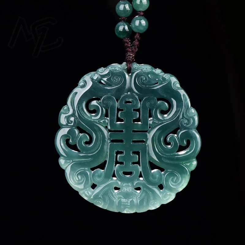 Natural Real Emerald Blue Water Fushou Character Pattern Pendant Necklace Jewelry Hollowed-out Double-sided Gift Certificate