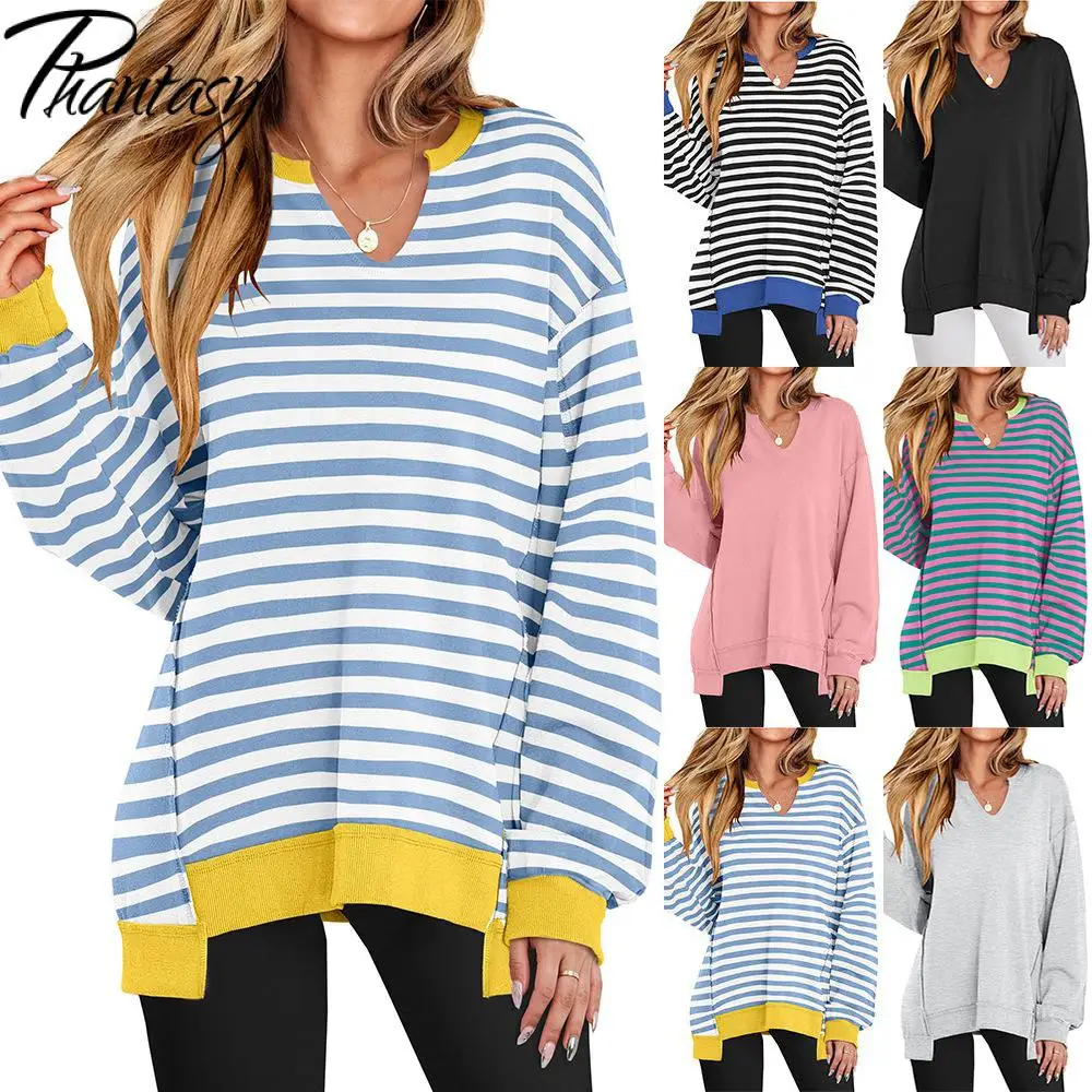 

Phantasy New Color Striped V-Neck Loose Sweatshirt Sweater Women Vintage Clothing Simple Loose Casual Style Fashion Top 2025
