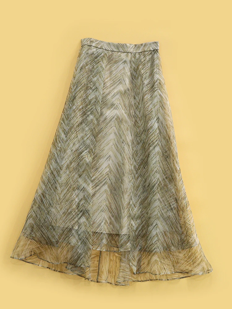 Elegant Draping Geometric Print High Waist Slimming Silk Half Skirt Spring Summer 2026 Women's Standard Fit A-Line Skirt