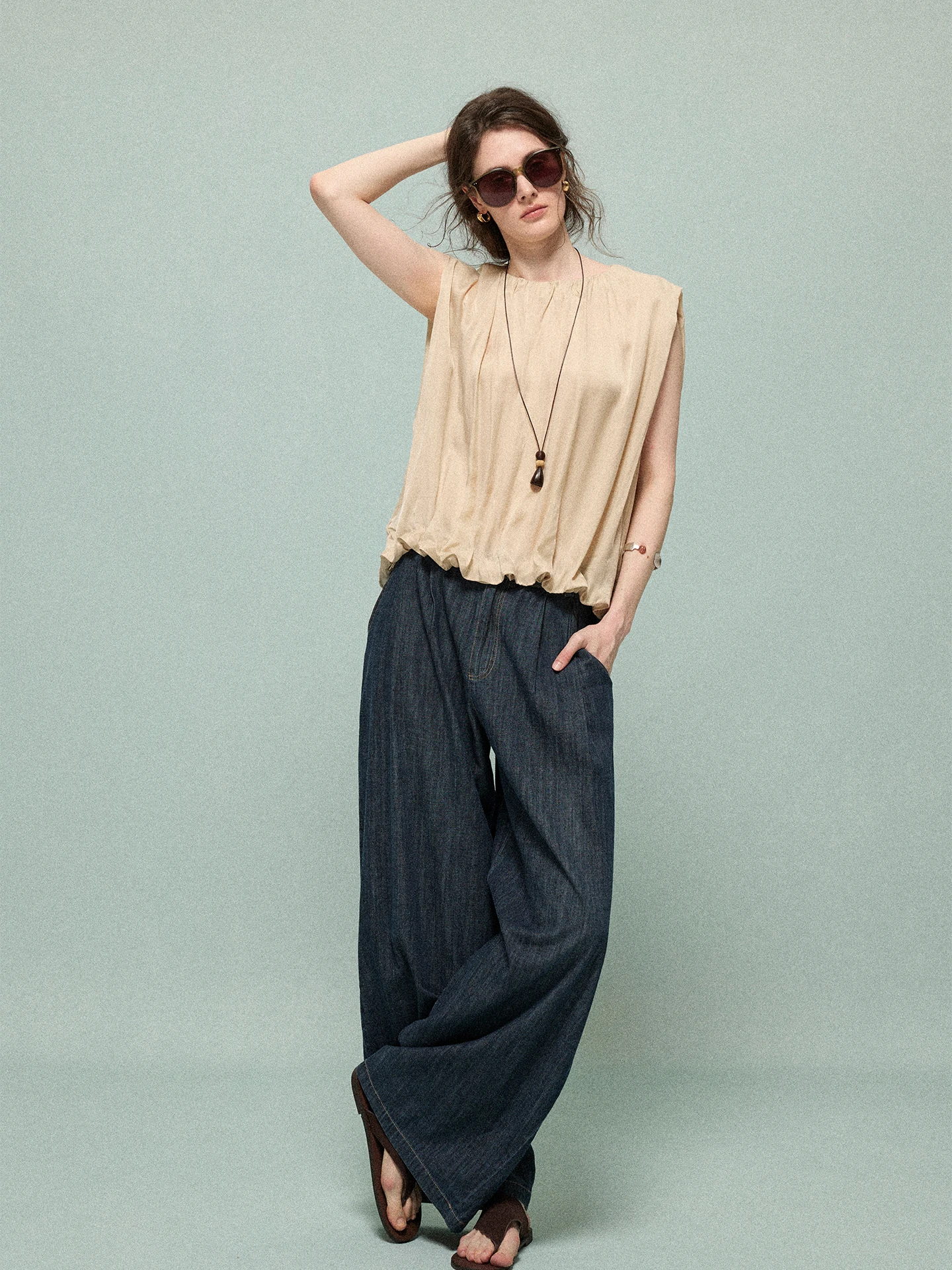 Moofeel Copper Ammonia Raye round Neck Sleeveless Shirt Summer Design Gathered 3D Lace  Commute Short Top Women's Shirt
