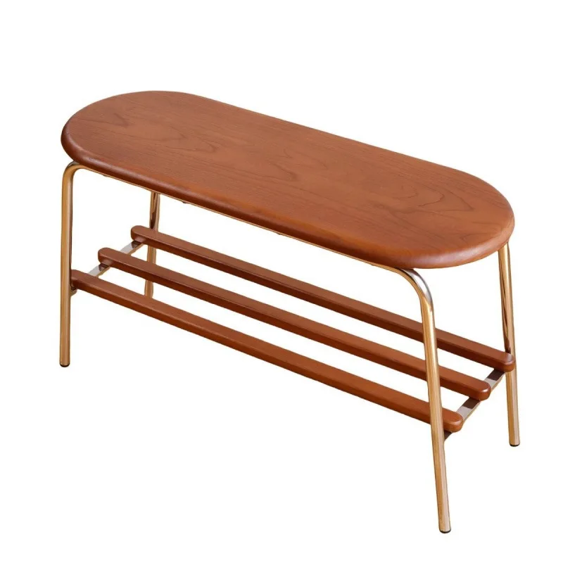 &Nordic shoe changing stool simple carbon steel legs solid wood medieval household entrance low stool door storage shoe stool