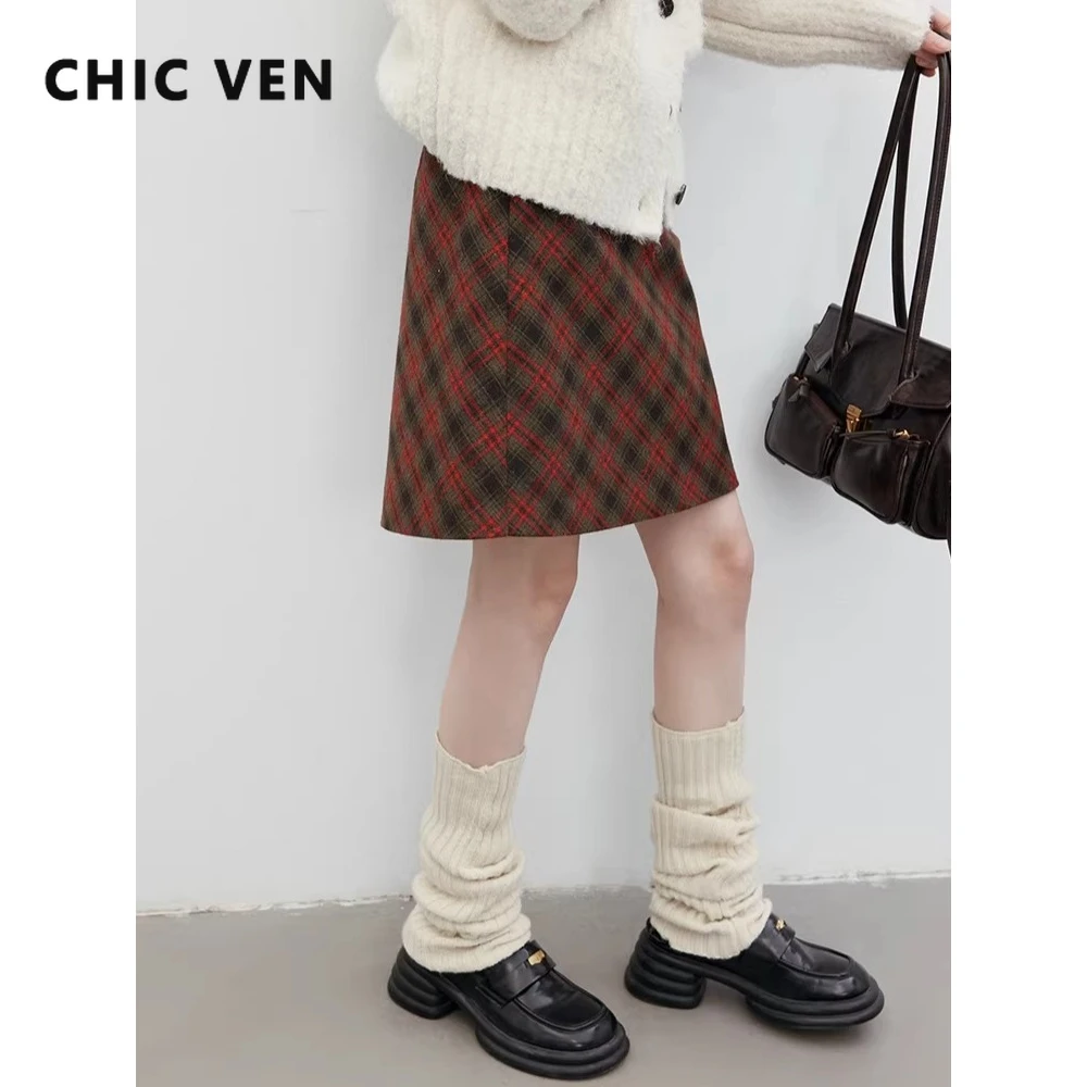 CHIC VEN Fashion Women Skirts Diagonal Plaid Straight Tube Mid Skirt Thick Office Ladies Half Skirt Autumn Winter 2026 Clothes