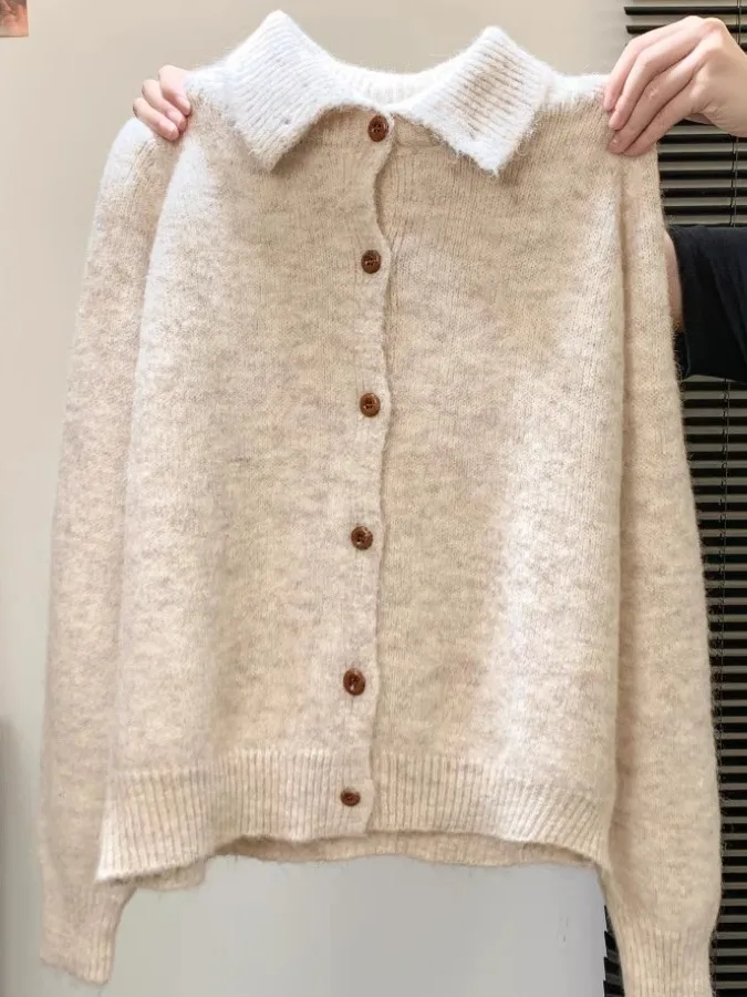 Faionable Simple Versatile High-End Loose Comfortable Knitted Sweater Coat Women Autumn Winter Lazy Tawny Open Cardigan #1