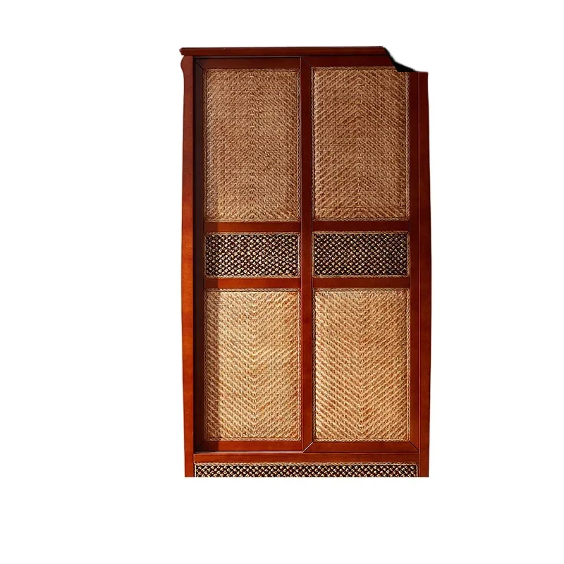 

New Chinese solid wood, wardrobe household double door, sliding rattan weaving, wardrobe neoclassical