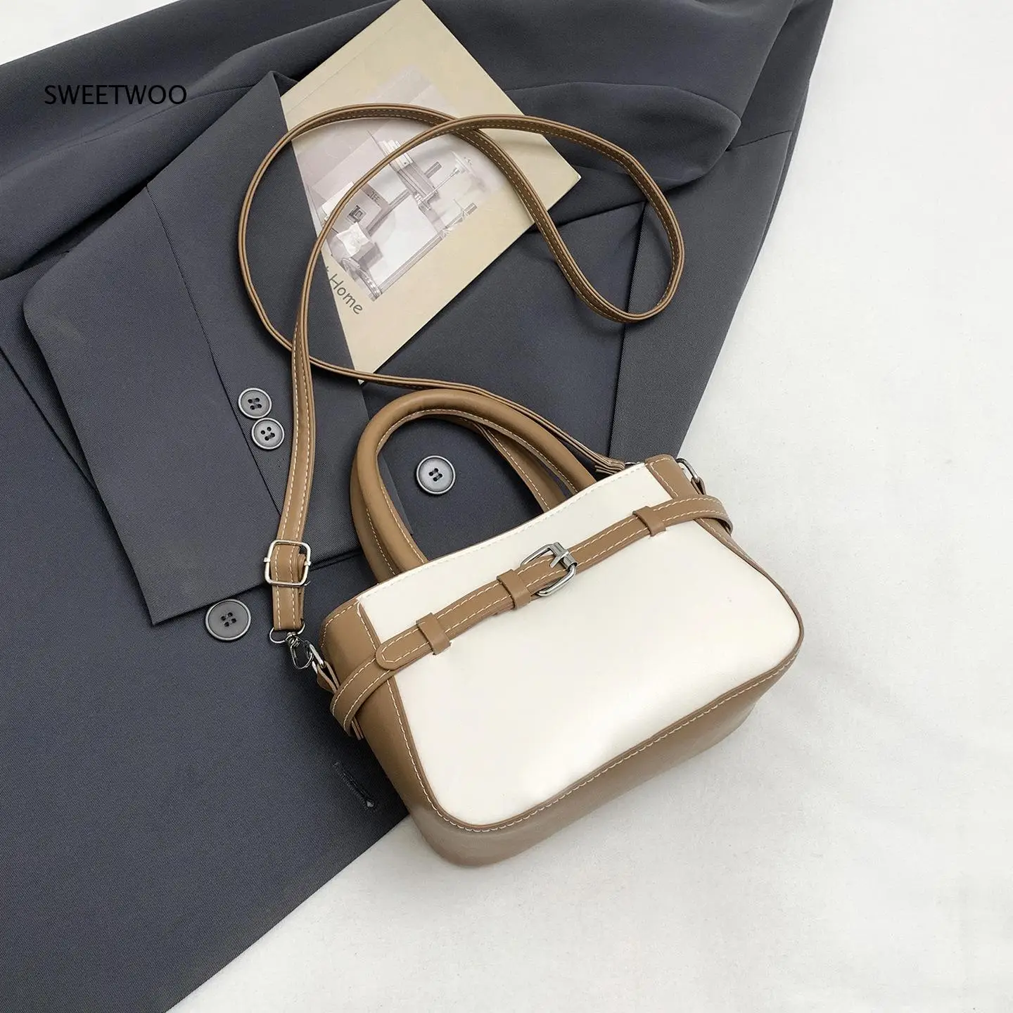 Women Color Block Mini Tote Handbag Buckle Decor Top Handle Bag Detachable Crossbody Strap Daily Small Shoulder Purse