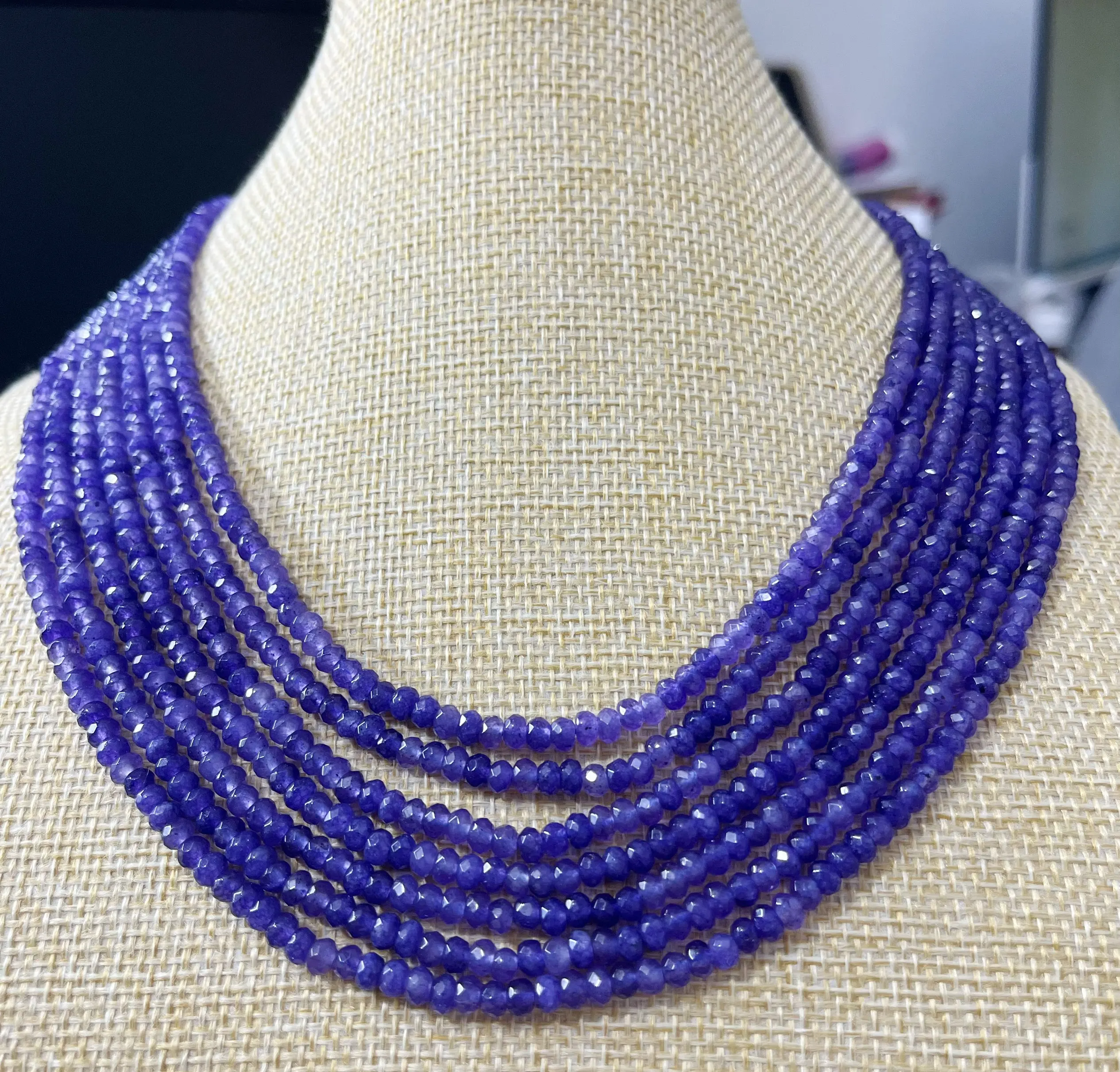 Natural 7row Purple Tanzanite jade Faceted Rondelle Gemstone Beads Necklace