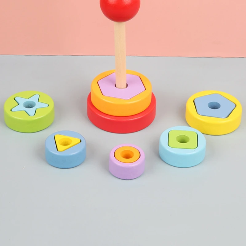 Wooden Rainbow Tower Toys Geometric Stacking Cup Color Rainbow Stacking Ring Tower Toys For Kids-Drop Ship