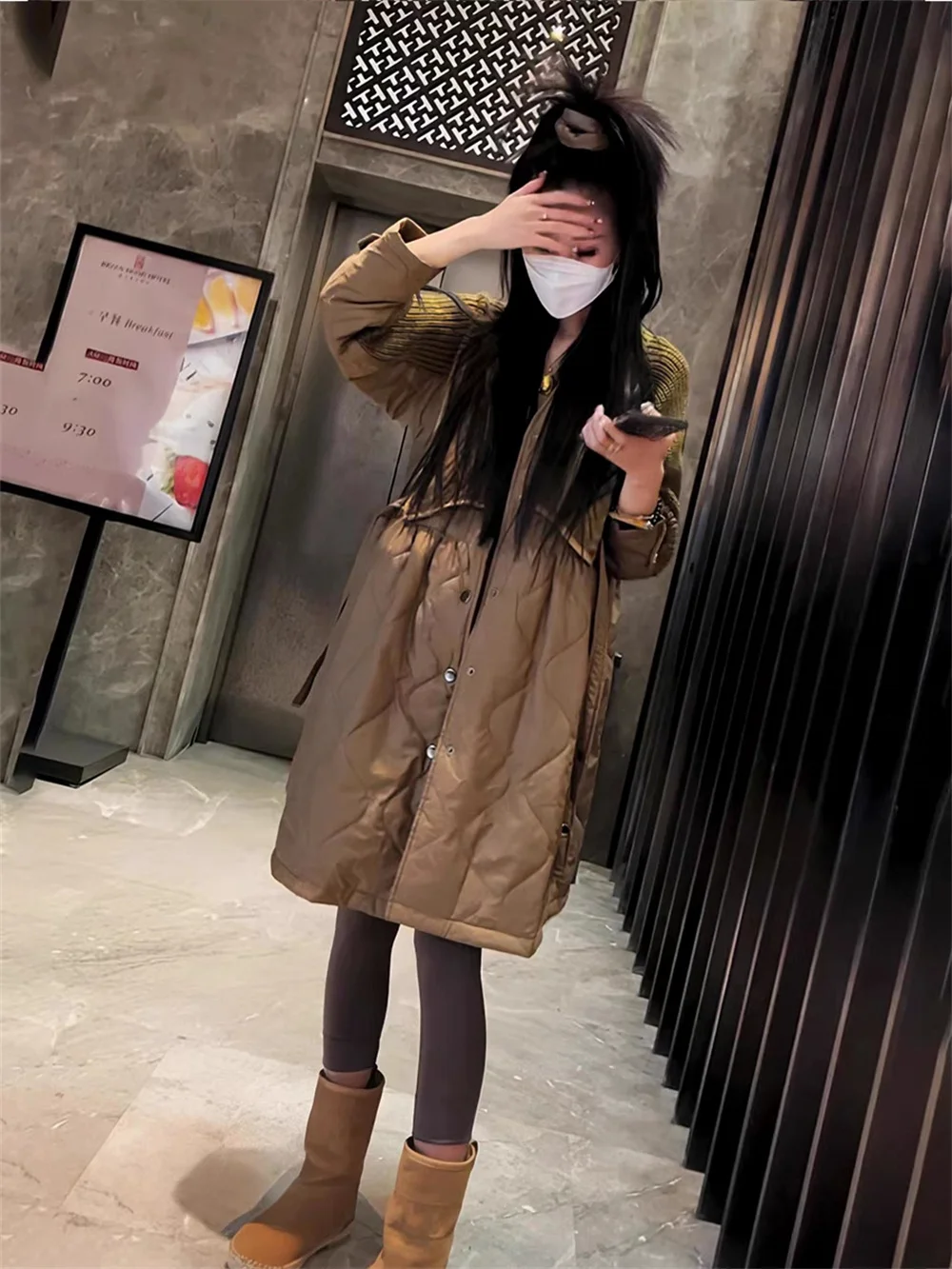 Light Luxury Style Design Sweater Splice Long Down Cotton Coat Women's Autumn and Winter New Coat 2023