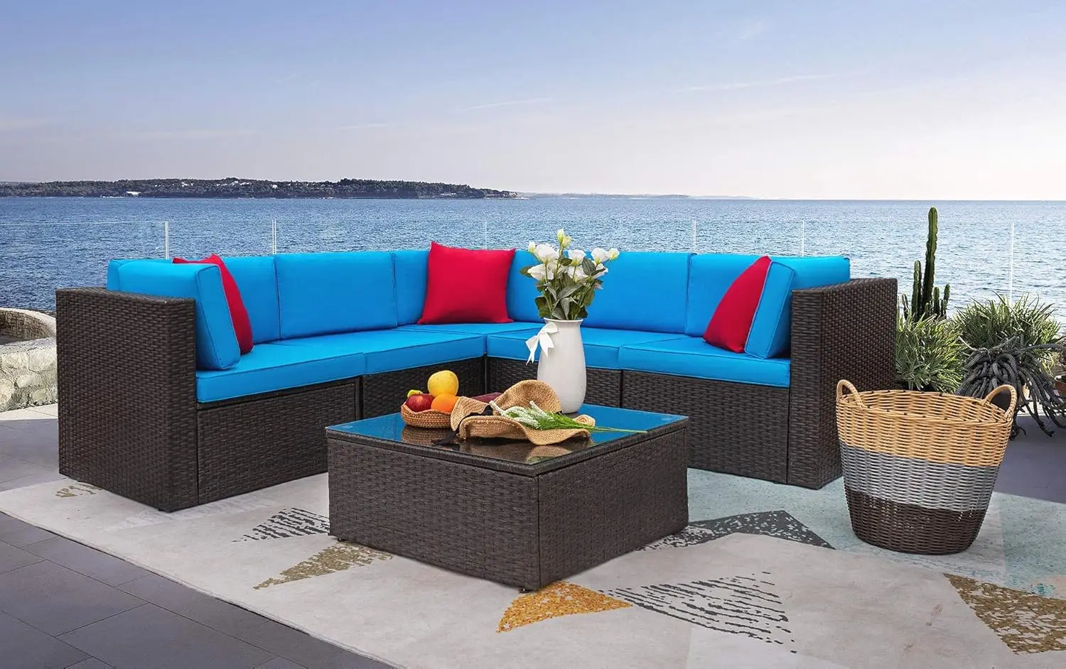 

6 Pieces Patio Furniture Sets Outdoor Sectional Sofa All Weather PE Rattan Patio Conversation Set Manual Wicker Couch w/Cushions