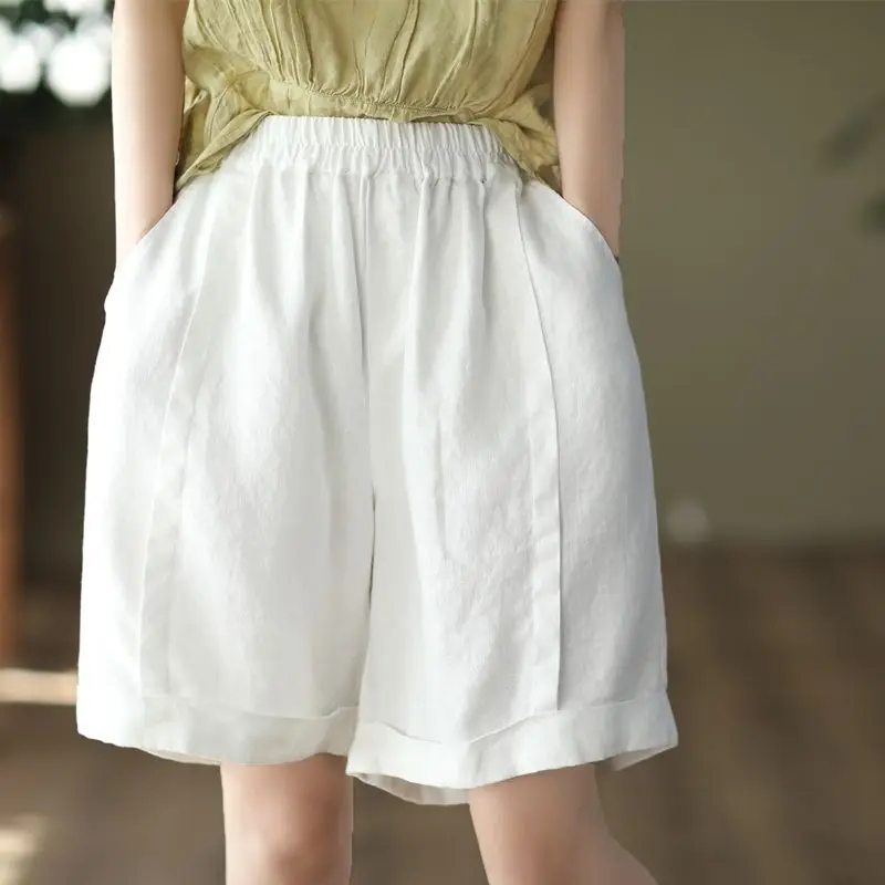 

Vintage Cotton and Linen Summer Shorts Lady Patchwork Wide Leg Pants Loose Straight Leg Pants Casual Solid Color All-match Pants