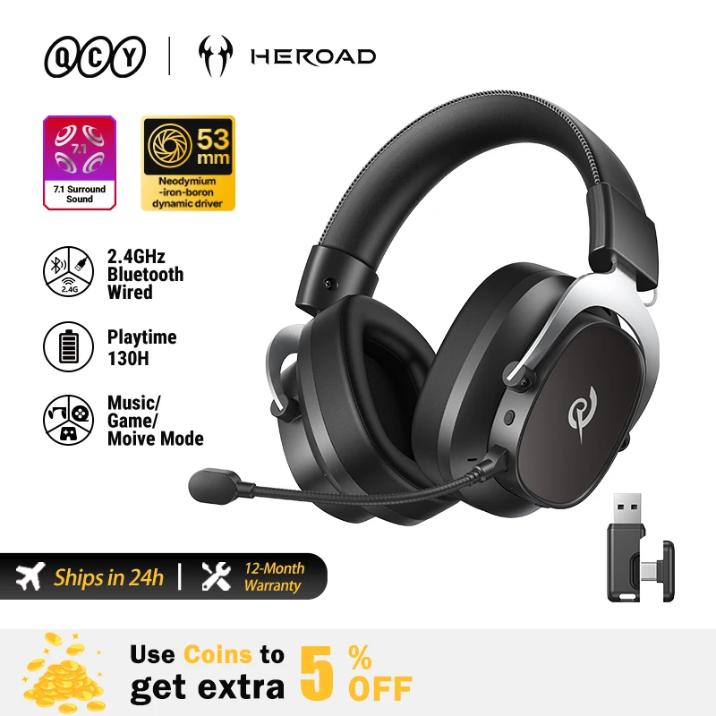 QCY Wireless Gaming Headset Heroad VT200 Audífonos Gamer con Micrófono Desmontable, Over-Ear, Conexión Tri-Mode, Sonido Surround 7.1 para PC/PS4/PS5