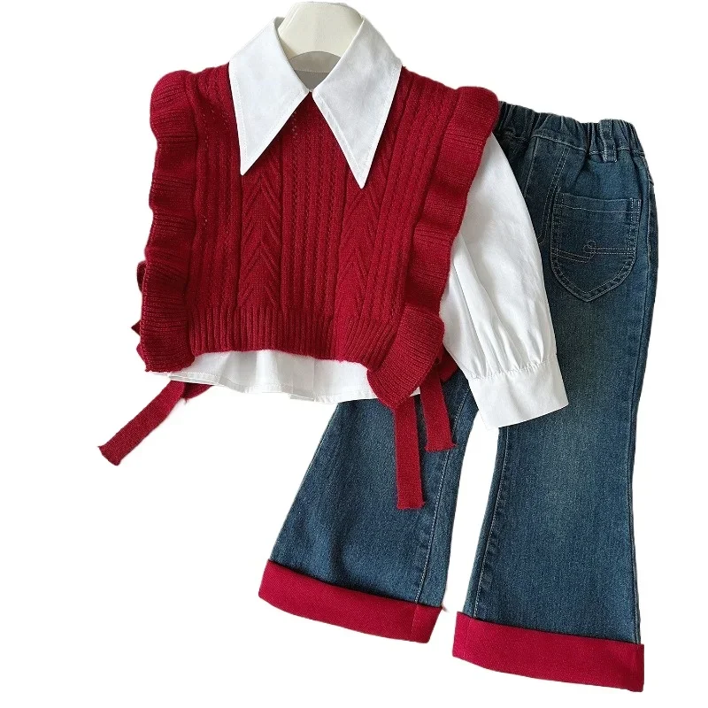 3Pcs Girls Suits Autumn Winter Long Sleeve Shirt+Knitted Sweaters Vest+Jeans Children Casual Costumes Toddler Girl Outfits Set