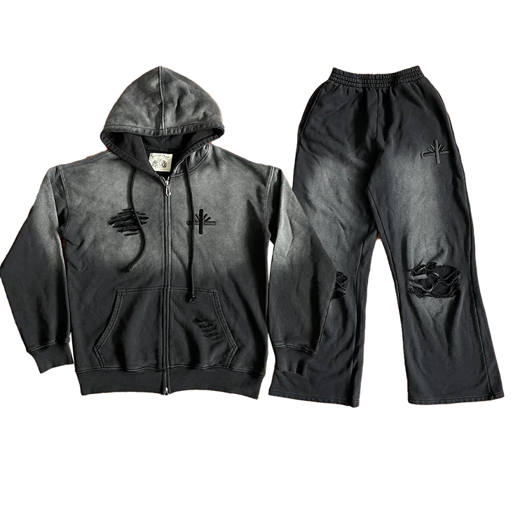 

Ripped Embroidered Logo Hoodie Pants Set Youth Casual Cotton Spring Long Sve Long Pants Streetwear Sle Outfit