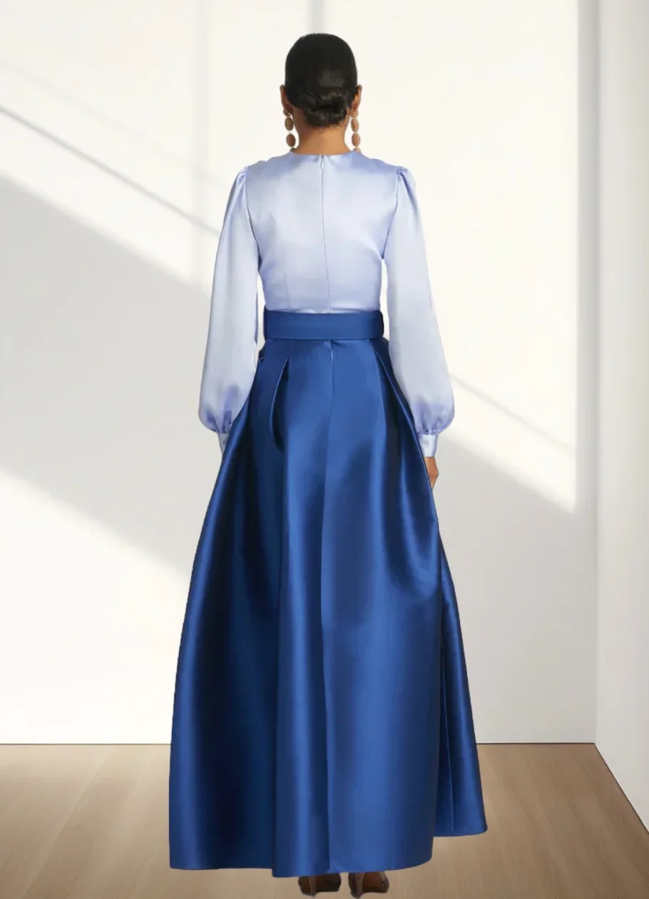 Personalizado linha a vestido de noite alta divisão vestido formal casamento convidado até o chão manga longa decote em v cinto faixa cetim com pregas