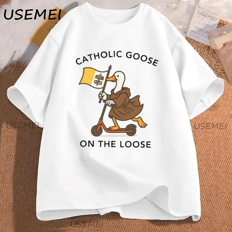 Catholic T Shirt Funny Religious Silly Goose T-Shirt Cotton Short Sleeve Round Neck Graphic T Shirts Vatican Flag Tshirt Top