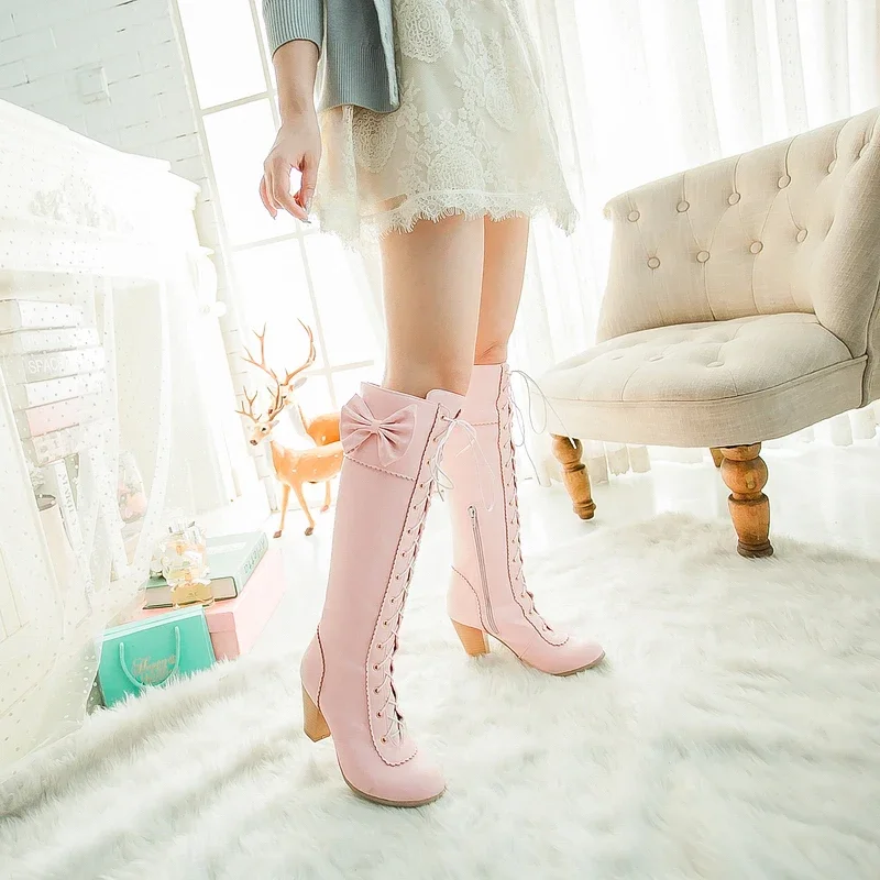 Autumn Winter Lolita Knee High Boots Sweet Women PU Leather Long Booties Round Toe Block Heels Bowtie Lace Up JK Uniform Party