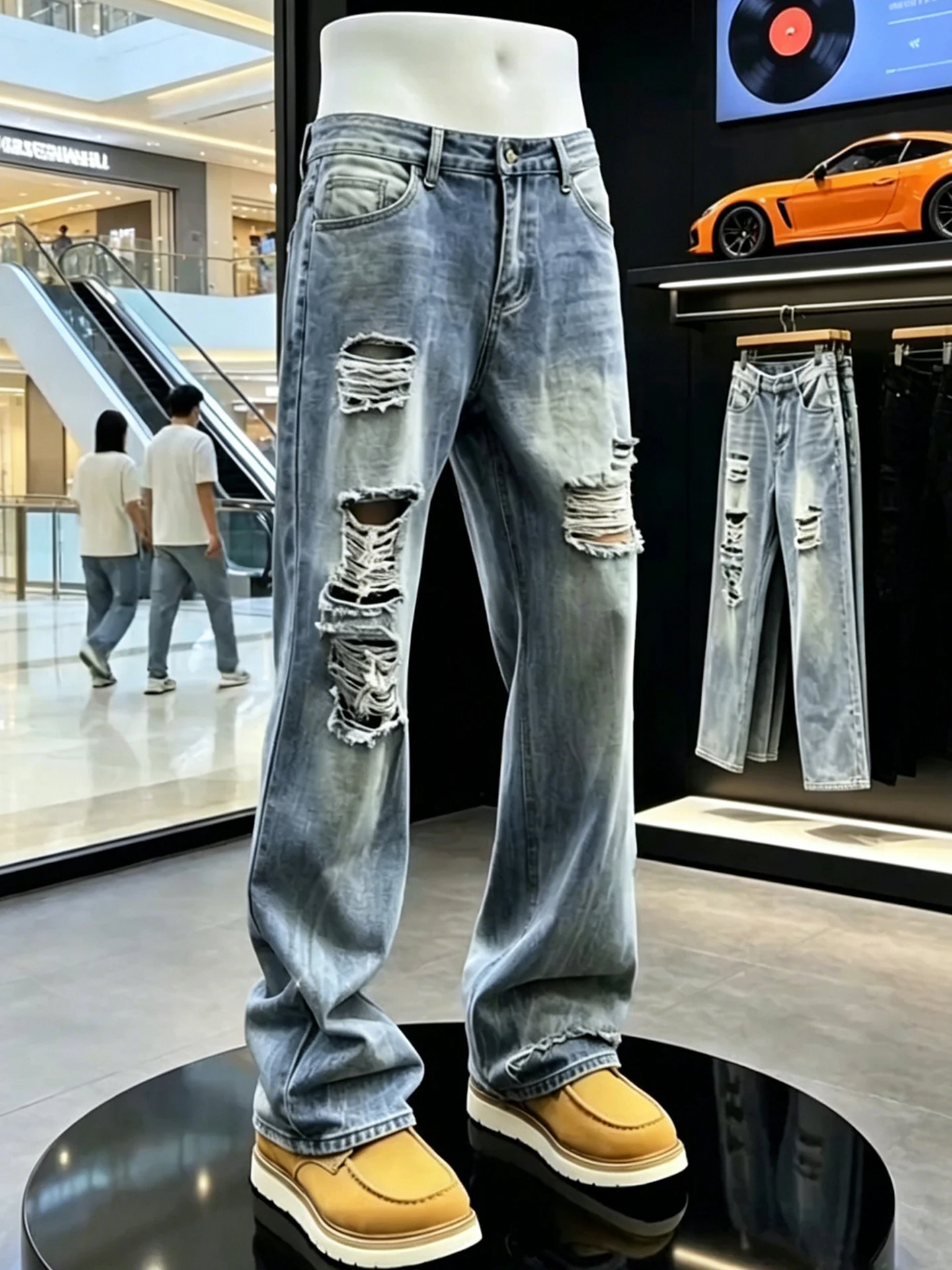 

American High Street Men's Jeans Summer Vibe Washed Ripped Loose Casual Pants Vintage Style mid Waist Zipper Fly Pure Color