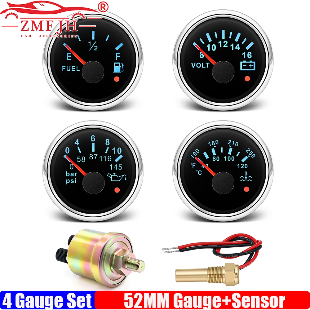 

ZMFJH 4 Gauge Set 7 Color Auto Yacht 0-190ohm 52mm Fuel Level+Water Temp+Oil Pressure+Voltage with Alarm Temp/Oil Press Sensor
