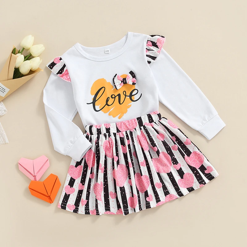 

Women s Matching Set Adorable Valentine s Day Print Crop Top and Mini Skirt Ensemble with Long Sleeves