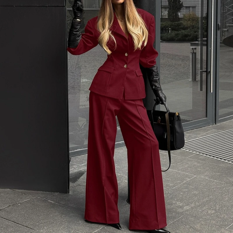 Spring Fashion Burgundy Casual Blazer Suit Women Long Sleeves Lapel Coat+high Waist Wide-leg Pants Autumn Female Two Piece Set