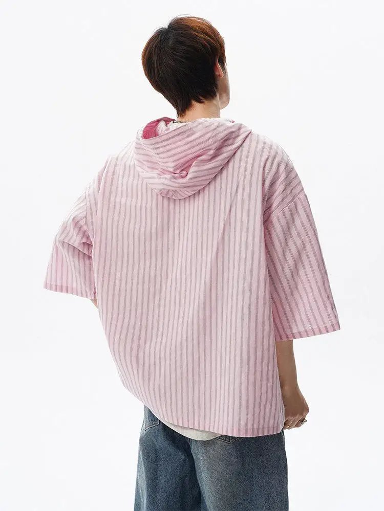 Men Pink Vertical Stripe Hooded 3/4 Sleeve Shirt Half Button Pullover Blouse Casual Loose Summer Oversized Blue Yellow Top
