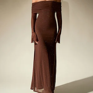Newsia Damen -langes Kleid mit Glockenhülsen, Außenschulter, Pailletten, nackte Rücken, Doppelschicht, Clubparty, glänzendes Netz, Maxikleider, braun 8 Hauptverkäufe langes braunes Kleid - №4
