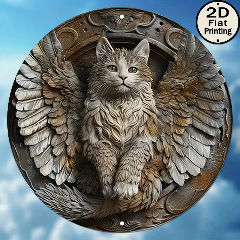 [2D Flat] 1 Stück Vintage Cat World Phantom 8x8 rundes Metallwand-Blechschild – 2D-Flachdruck, Kunstdekoration aus Aluminium mit geflügeltem Ca