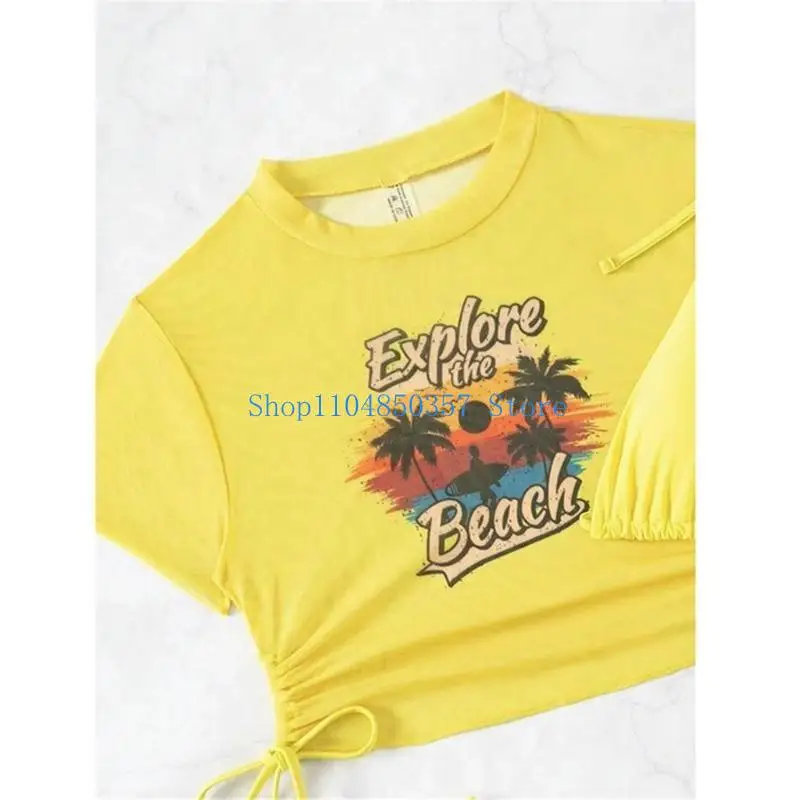 

652F Women Drawstring Bikinis Swimwears Long Sleeves Bathing Suit Highs Waist Swimsuits