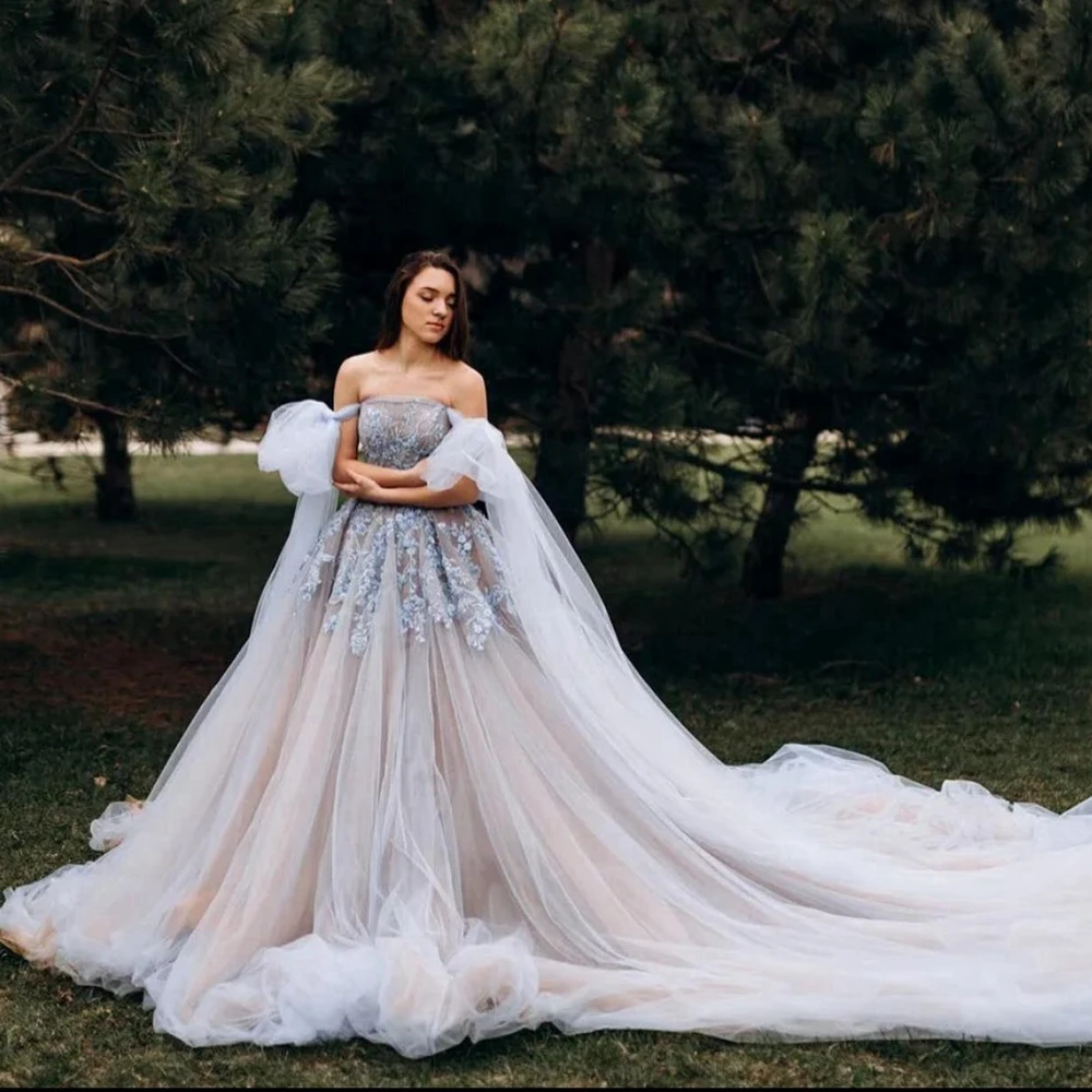 Luxury Puffy Mesh Prom Dresses With Long Train Off The Shoulder Appliques Tulle Formal Party Gowns Elegant A Line Evening Dress