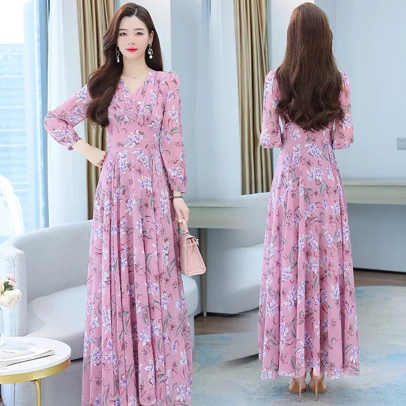 2024 Muslim dresses Spring New Arrival V Collar Vestidos De fiesta Flower Printed Long Sleeve Chiffon Long Beach Dress Robe