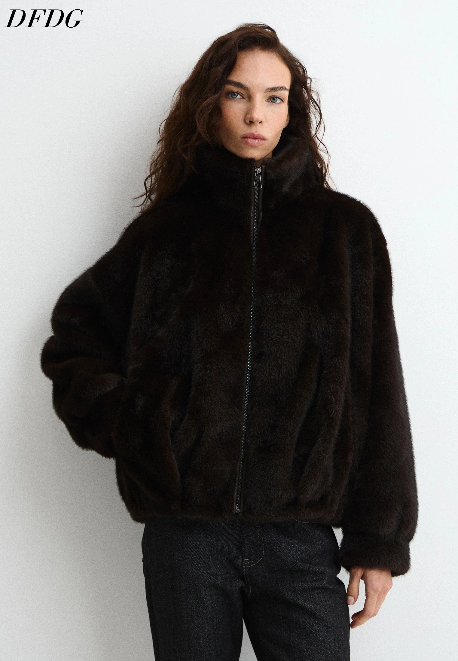 DFDG Women Faux Fur Zip Up Short Jacket High Stand Collar Oversized Fluffy Plush Winter Streetwear Outer Coat For Cold Days