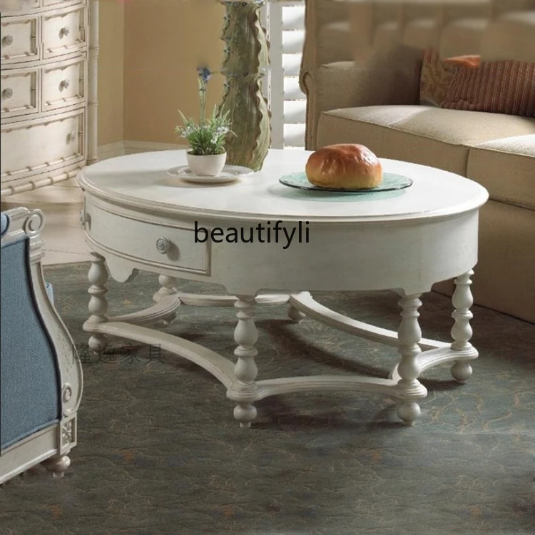 Solid Wood Carving Retro Coffee Table Distressed Light Luxury and Simplicity Coffee Table with Tea Table Drawers