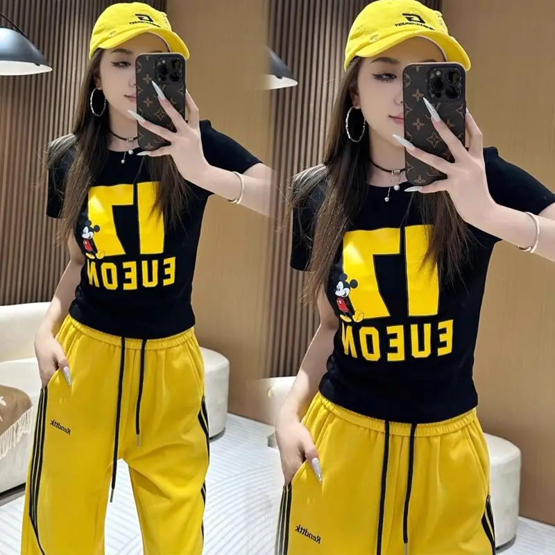 

Korean Sle Faionable Casual Letter Print ort Sve Top And Long Pants Women's Two-Piece Set Summer 2025 Polyester Fiber