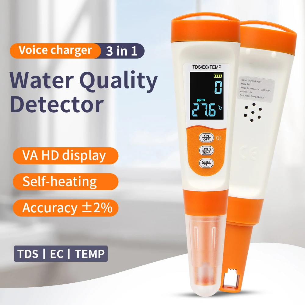 

3 in 1 Water Quality Testing Pen EC TDS TEMP Testing Instrument Type-C Charging Voice Broadcast Multi-Parameter Water Tester