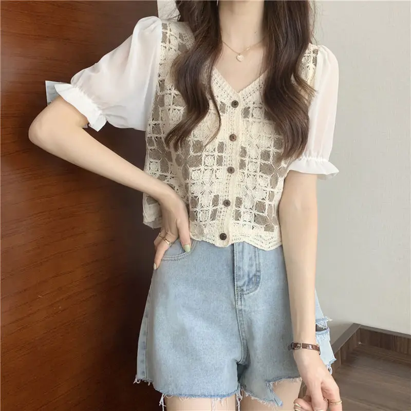 Women\'s Hollow Out Lace Shirts, Loose Tops, Casual Clothes, All-Match Temperament, Spring and Summer Fashion, New Style