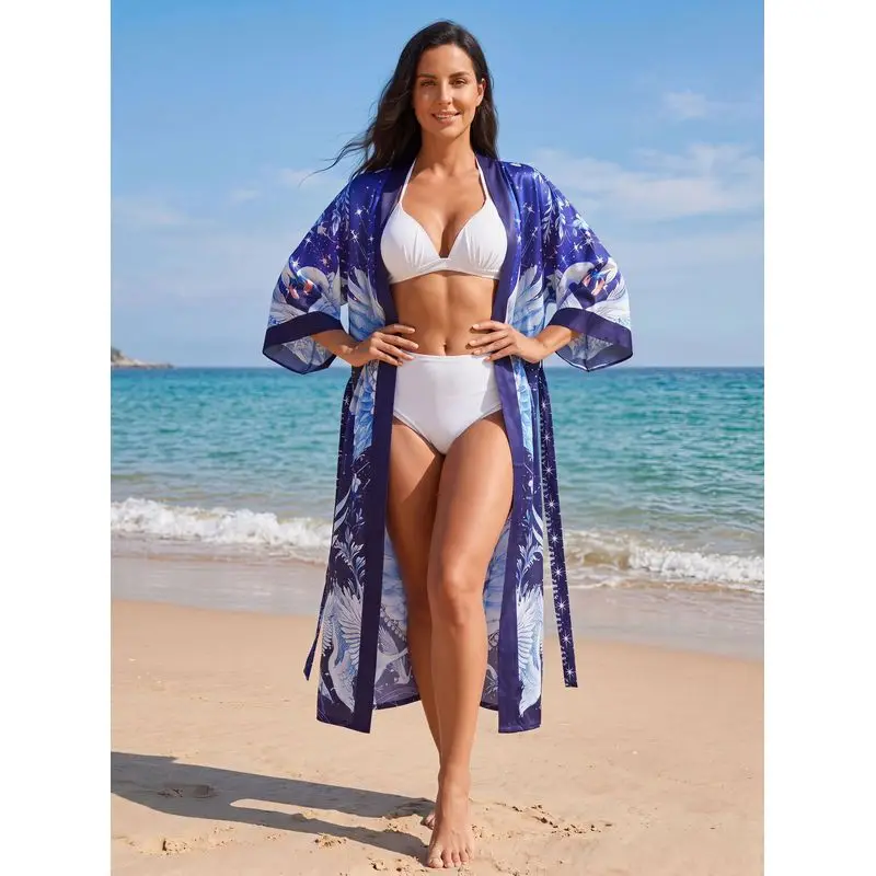 Sheer French Terry Beach Cover Up With Swan Print Women Sun Protection Cardigan Swimsuit Wrap Sarong For Bikini Vacation Outwear