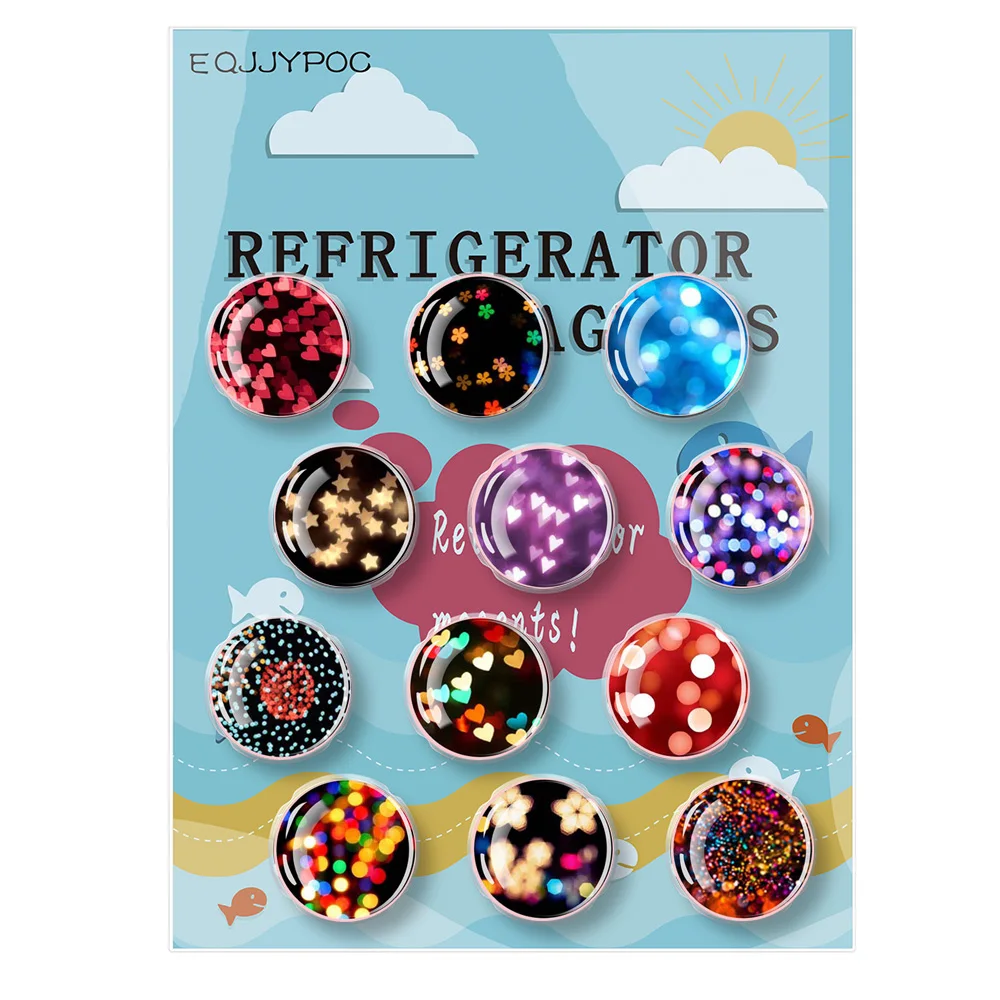 12pcs Luminous Refrigerator Stickers 30 MM Crystal Glass Fridge Magnet Set with Stars Hearts Halo for Home Decoration