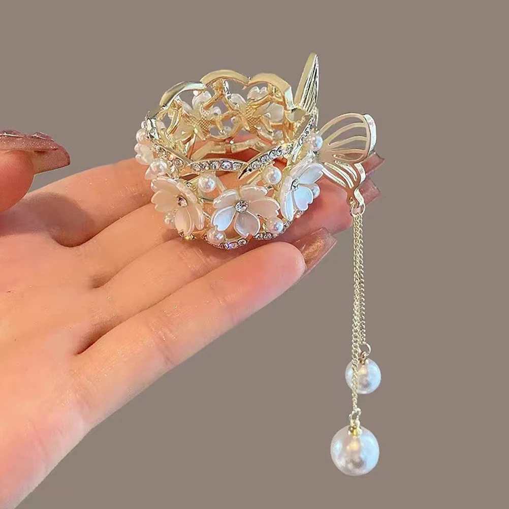

2pcs Ponytail Cuffs Rose Flower Hair Clips Tassel Metal Claw Clips Thick Thin Hair High Ponytail Holder Wedding Party